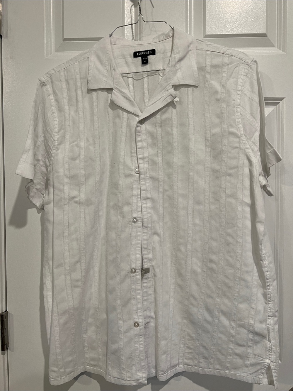 Express White Short Sleeve Button-Down Shirt with Subtle Stripe Texture -Medium